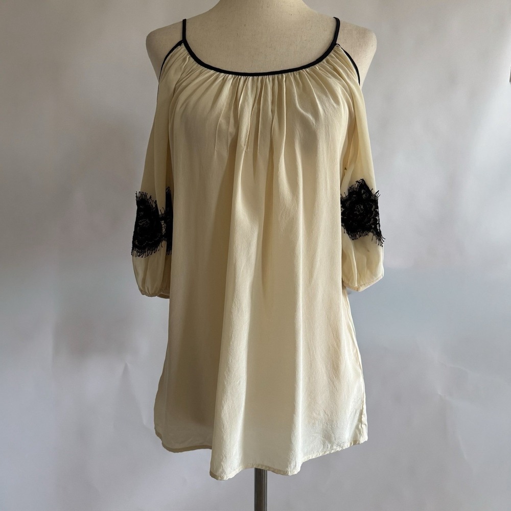 Womens Silk Ivory Black Top Med‎ Lace Gothic Whimisgoth Dark Romantic Flowy
